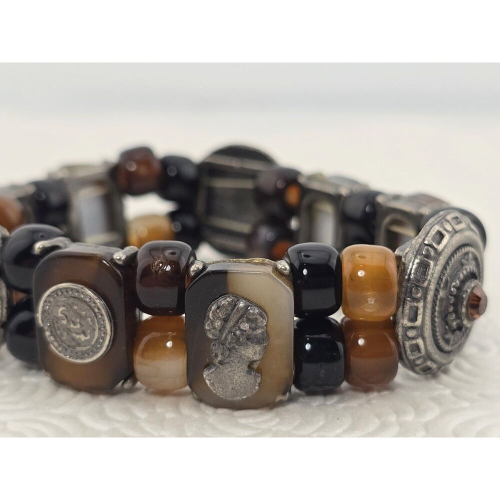 Cameo Cabs Beaded Bracelet Stretch Medallions Glass Rhinestones Stone Look